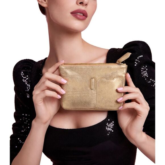 🛍️ Anthropologie Gold Glitter Leah Leather accessory Pouch - Picture 3 of 10